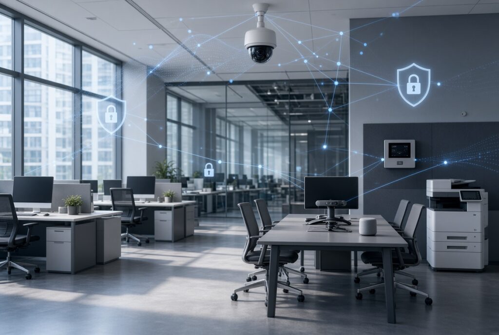 Oficina con dispositivos IoT conectados: cámara IP, impresora multifunción, altavoz inteligente y panel de control