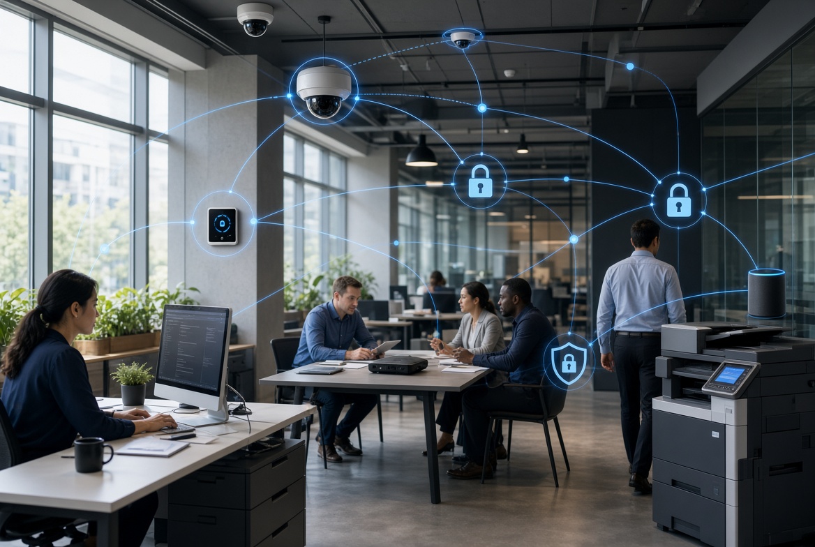 Empleados trabajando en una oficina con dispositivos IoT como cámaras, termostato, altavoz e impresora conectados en red