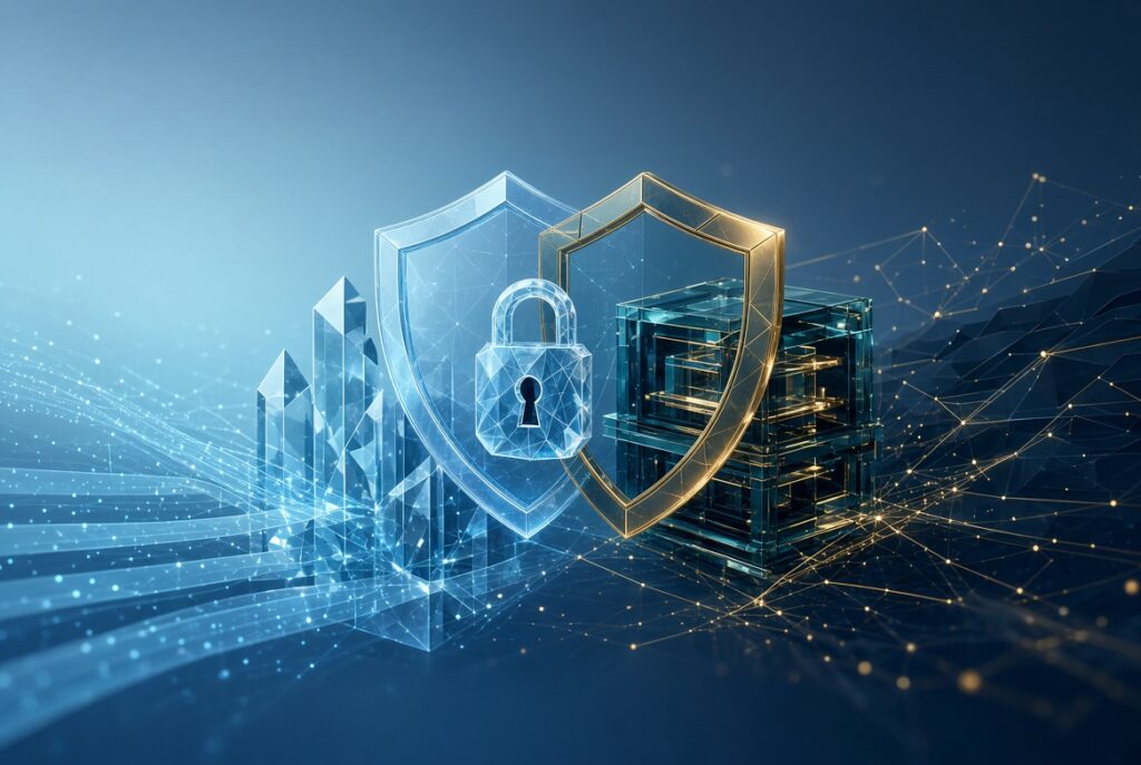 Dos escudos con candado que representan los secretos empresariales y la protección de datos personales